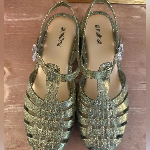 Melissa Fisherman Jelly Sandals Green Glitter Women’s 9 - Picture 2 of 4